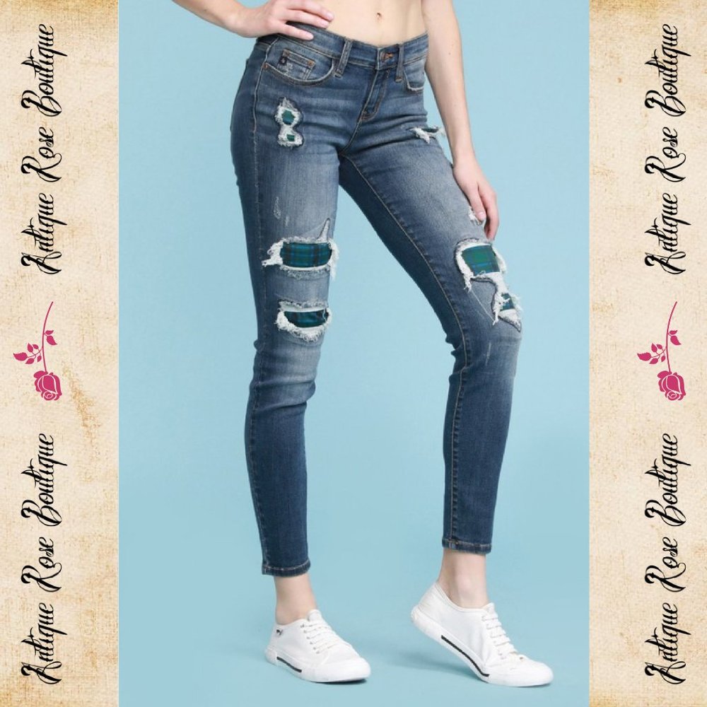 Judy Blue Green/Blue Plaid Patch Skinny Jeans - Picture 3 of 8